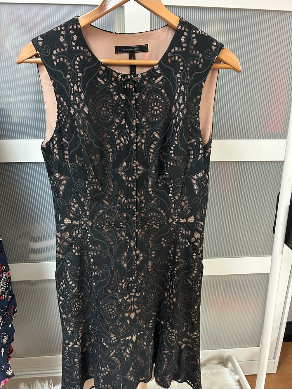 BCBGMaxAzria Black Lace Dress with Nude Lining